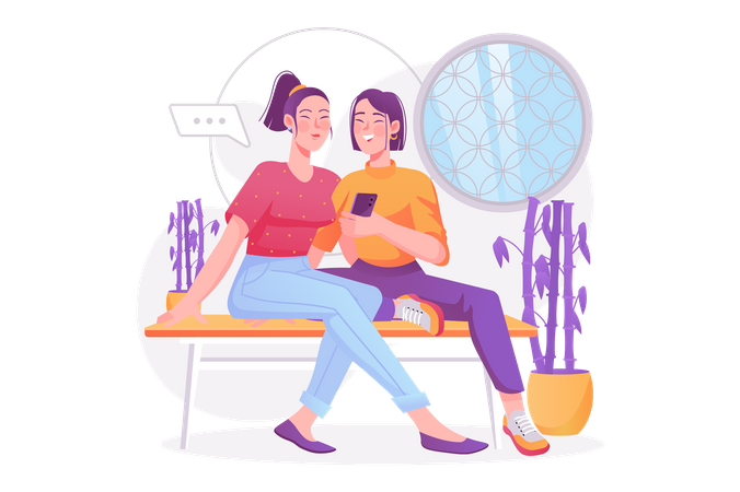 Women sitting on bench and using mobile  Illustration