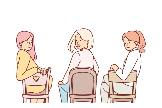 Women sitting on chairs with backs to screen turn around and look at you  Illustration