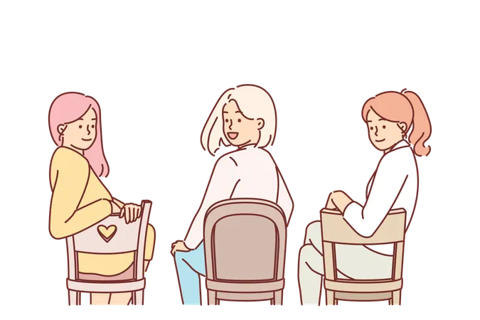 Women Sitting On Chairs With Backs To Screen Turn Around And Look At You During Conference Or Meeting Young Women In Casual Clothes Are Discussing Future Joint Work Or Educational Process Illustration
