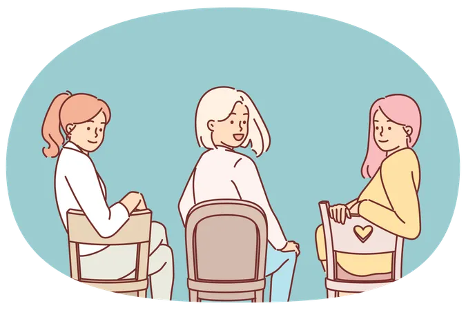 Women sitting on chairs with backs to screen turn around and look at you during meeting  Illustration