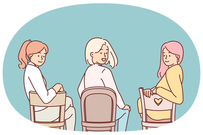 Women sitting on chairs with backs to screen turn around and look at you during meeting  Illustration