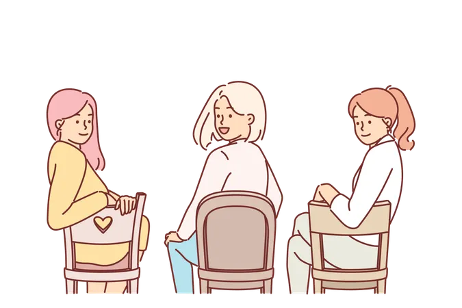 Women sitting on chairs with backs to screen turn around and look at you  Illustration