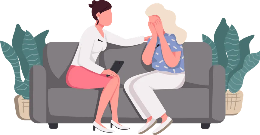 Women Sitting On Couch Flat Color Vector Faceless Characters Talk Show Psychologist Counseling Isolated Cartoon Illustration For Web Graphic Design And Animation Lady Comforting Crying Friend Illustration