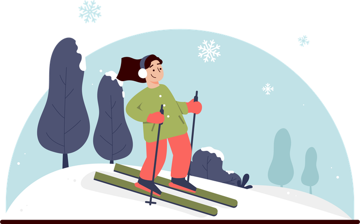 Women Skiing Snow at Forest  일러스트레이션