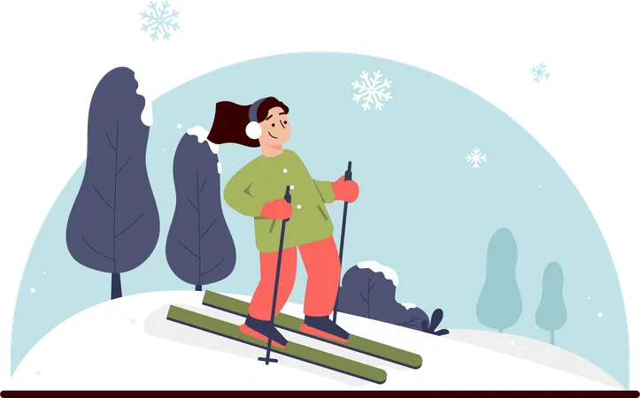 In The Glistening Winter Snow An Enthusiastic Woman Glides Down The Mountain Slopes On Skis In This Moment She Feels Deep Freedom And Joy Creating Beautiful Tracks Amidst The Enchanting Landscape This Illustration Can Be Used For Various Purposes Such As Posters Landing Pages And Other Promotions 일러스트레이션