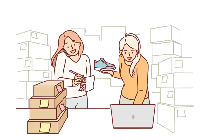 Women Small Business Owners Making Fulfillment Startup Stands Among Cardboard Boxes And Uses Laptop Girls Make Career In Fulfillment Of Company And Sale Of Goods Through Internet Marketplaces Illustration