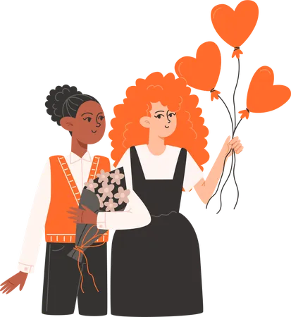 Women stand side by side and hold balloons in shape of a heart for Valentines Day  Illustration