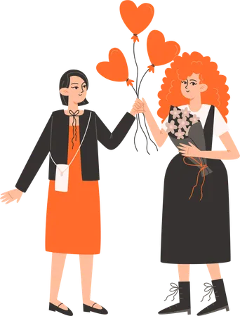 Two Women Stand Side By Side And Hold Red Balloons In The Shape Of A Heart For Valentines Day Illustration