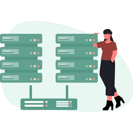 Women standing near database server  Illustration