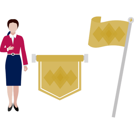 Women standing near yellow flag  Illustration