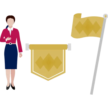 Women standing near yellow flag  Illustration