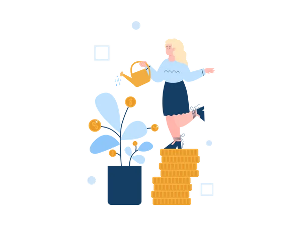 Women standing on pile of coin watering money plant  Illustration