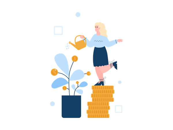 Women standing on pile of coin watering money plant  Illustration