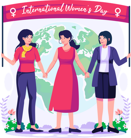 Women standing together holding hands  Illustration