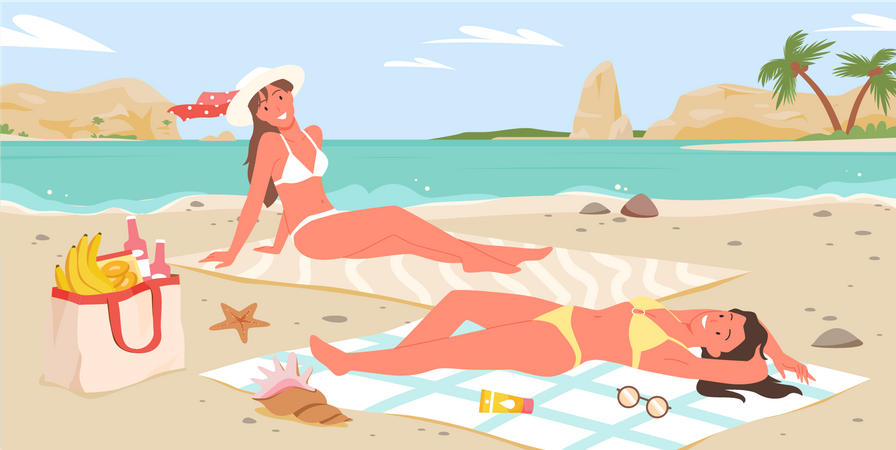 Women sunbathing at beach  Illustration