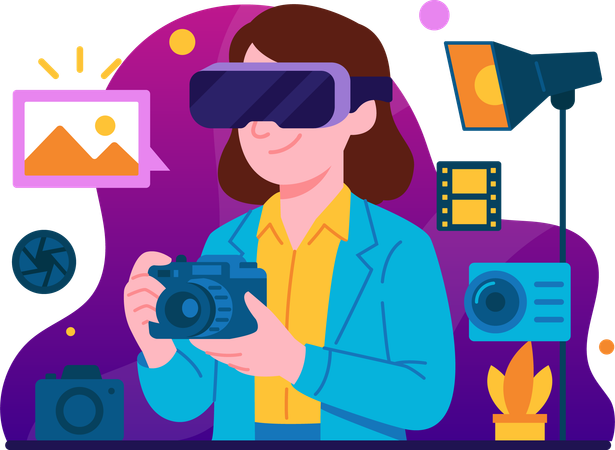Women take photography class using virtual reality  Illustration
