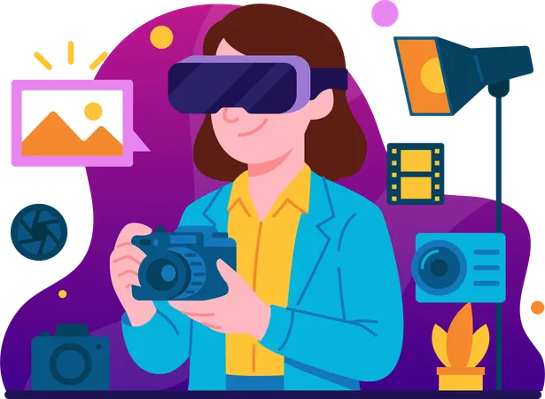 Women take photography class using virtual reality  Illustration