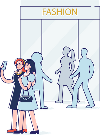 Women taking selfie photo while shopping Illustration