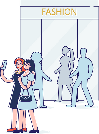 Women taking selfie photo while shopping  Illustration