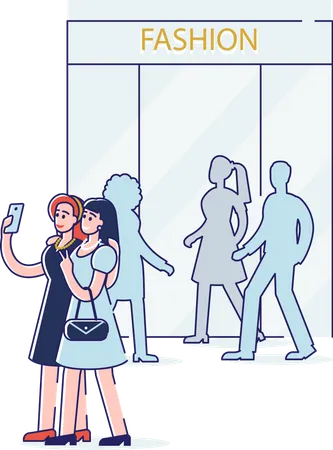 Women taking selfie photo while shopping  Illustration