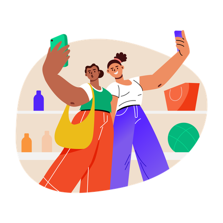 Women taking shopping selfie  Illustration