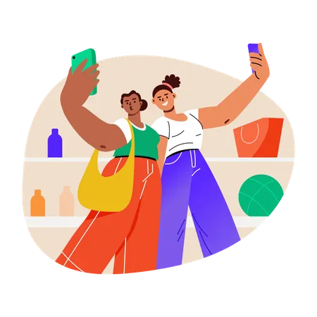 Women taking shopping selfie  Illustration