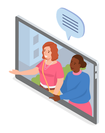 Women talk on phone via video call  Illustration