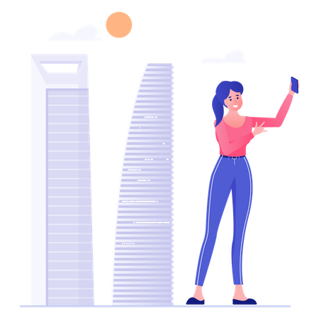 Women Talking Selfie Over Buildings  Illustration