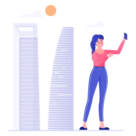 Women Talking Selfie Over Buildings  Illustration