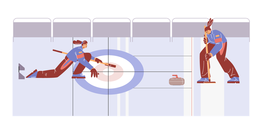 Women team playing curling sport on ice rink with curling stone and brush  Illustration