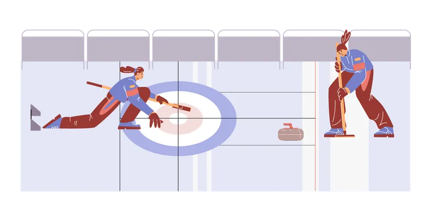 Women team playing curling sport on ice rink with curling stone and brush  Illustration