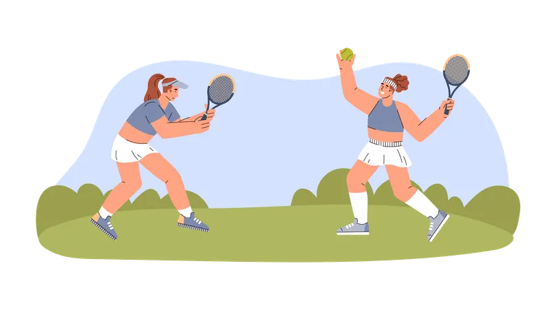 Women Tennis Tournament Scene Flat Cartoon Vector Illustration Isolated Female Lawn Tennis Players Characters On Open Air Ground Illustration