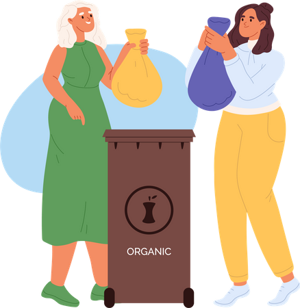 Women throw sorted organic waste in litter container Illustration