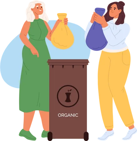Women throw sorted organic waste in litter container Illustration