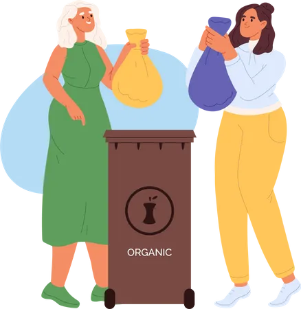 Women throw sorted organic waste in litter container  Illustration