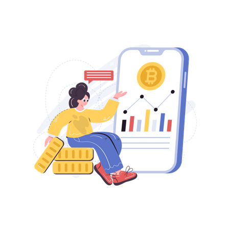 Women Trading Bitcoin Using Mobile App  Illustration