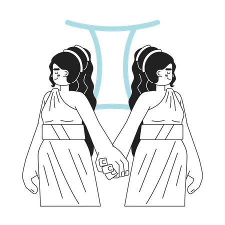 Gemini Zodiac Sign Monochrome Concept Vector Spot Illustration Women Twins Holding Hands 2 D Flat Bw Cartoon Character For Web UI Design Astrology Isolated Editable Hand Drawn Hero Image イラスト
