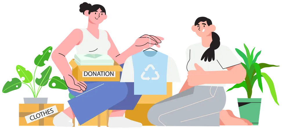 Women volunteers sitting with donation boxes and packing clothes  Illustration