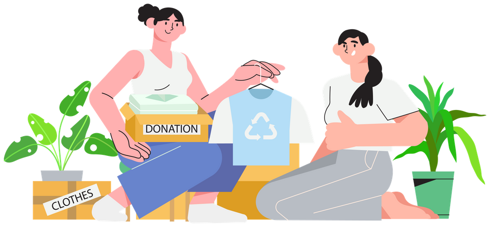 Women volunteers sitting with donation boxes and packing clothes  Illustration