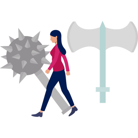 Women walking near medieval mace  Illustration