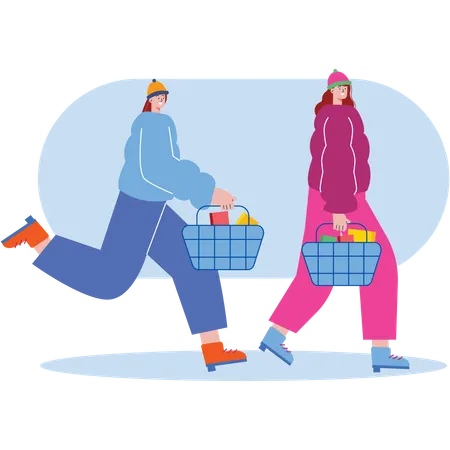 Women walking with shopping basket Illustration