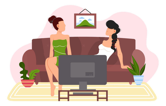 Women watching television sitting on sofa Illustration