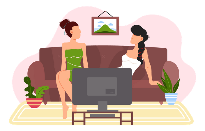 Women watching television sitting on sofa  Illustration