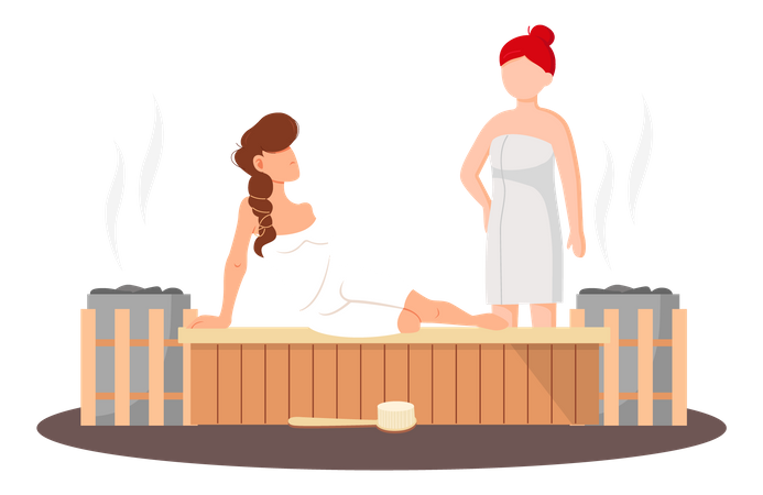 Women wearing bath towel sit on wooden bench Illustration