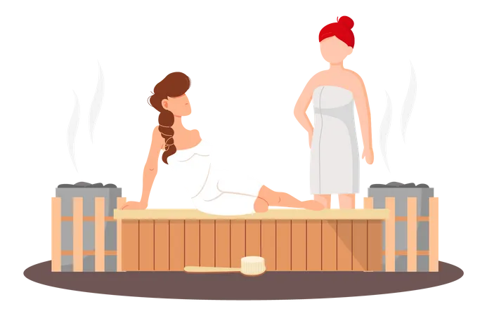 Women wearing bath towel sit on wooden bench  Illustration