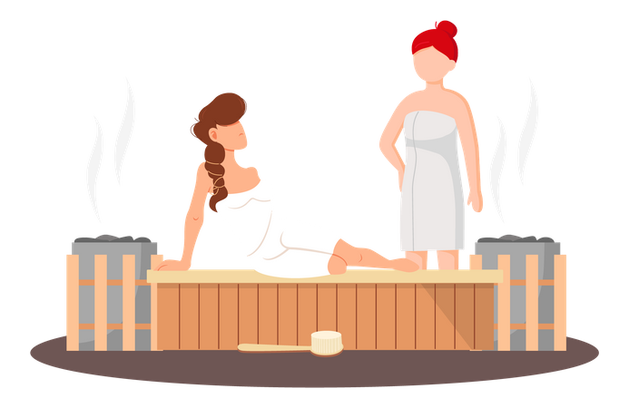 Women wearing bath towel sit on wooden bench  Illustration