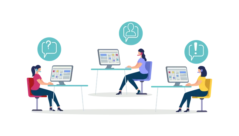 Women Wearing Head Set Sit at Desks with Computer as customer Support Illustration