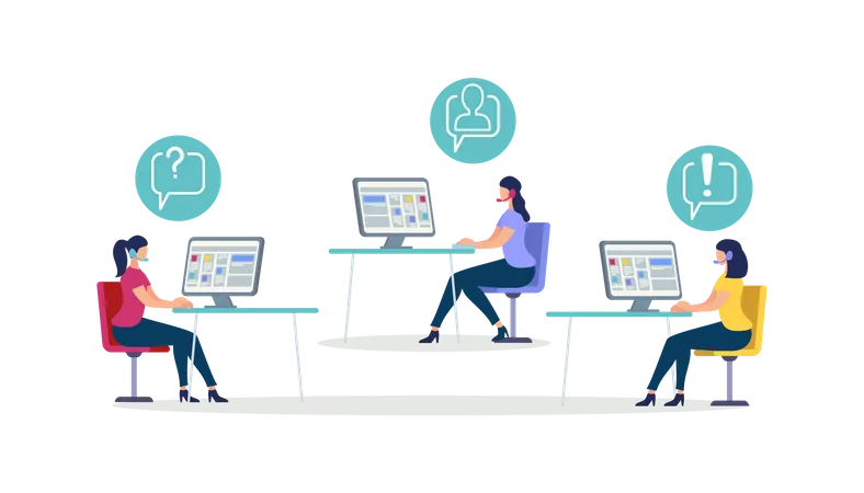 Women Wearing Head Set Sit at Desks with Computer as customer Support  Illustration