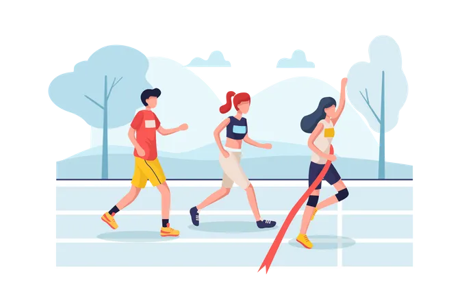 Women winning and cross finish line of marathon Illustration