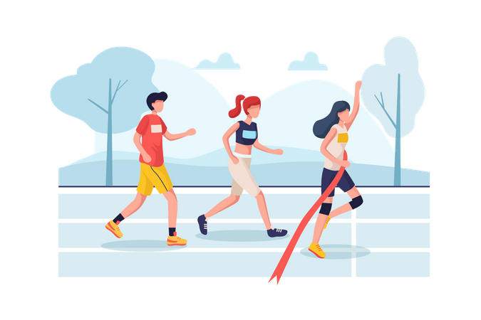 Women winning and cross finish line of marathon  Illustration